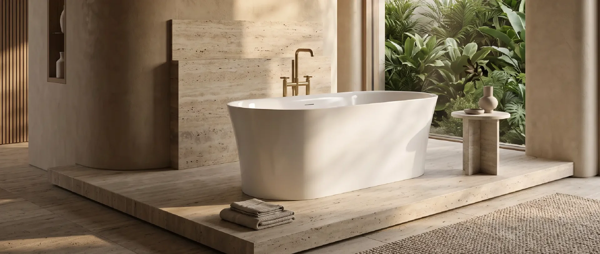 Luxurious freestanding bathtub in spa-like bathroom