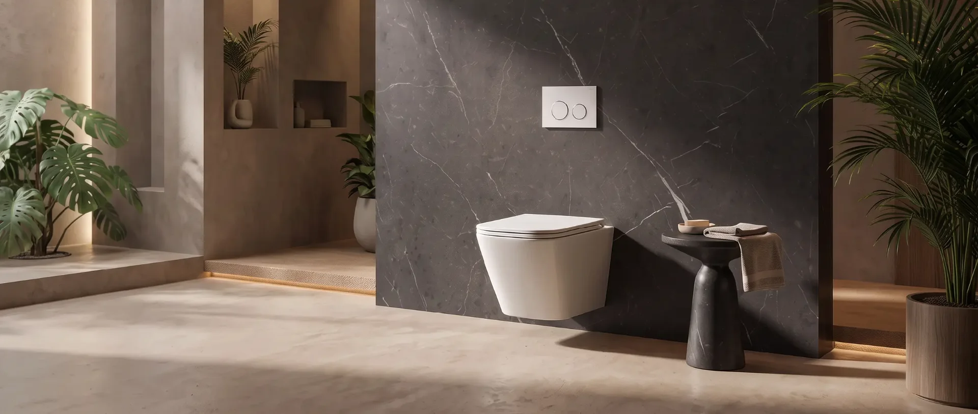 Bella wall-hung toilet in a finished bathroom